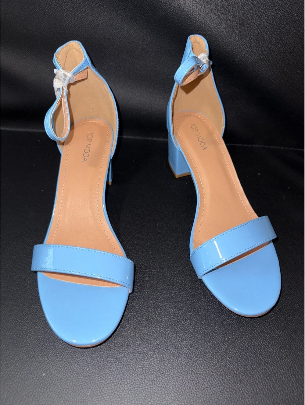 Top Moda Light Blue Patent Leather Ankle Strap Block Heel Sandals